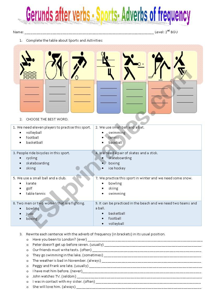 Gerunds after verbs, sports and adverbs of frequency