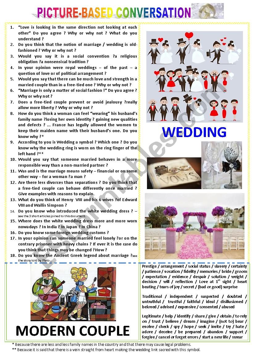 Picture-based conversation : topic 91 - wedding vs modern couple.