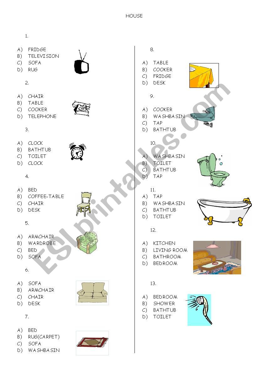 the things of the house  worksheet