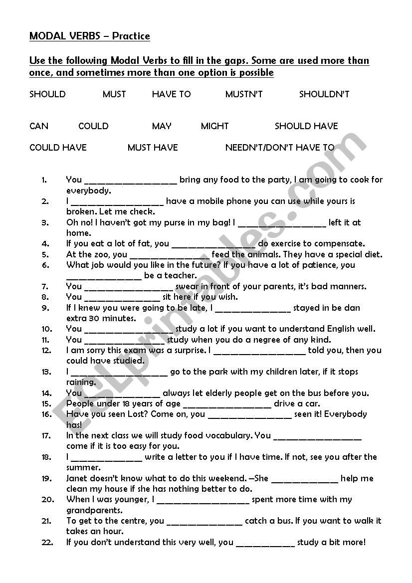 Modal Verbs practice worksheet