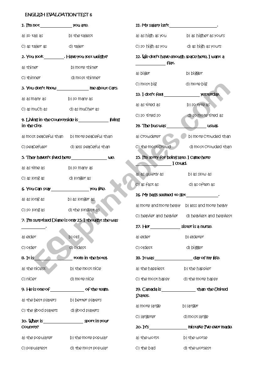 ENGLISH EVALUATION TEST 6 worksheet