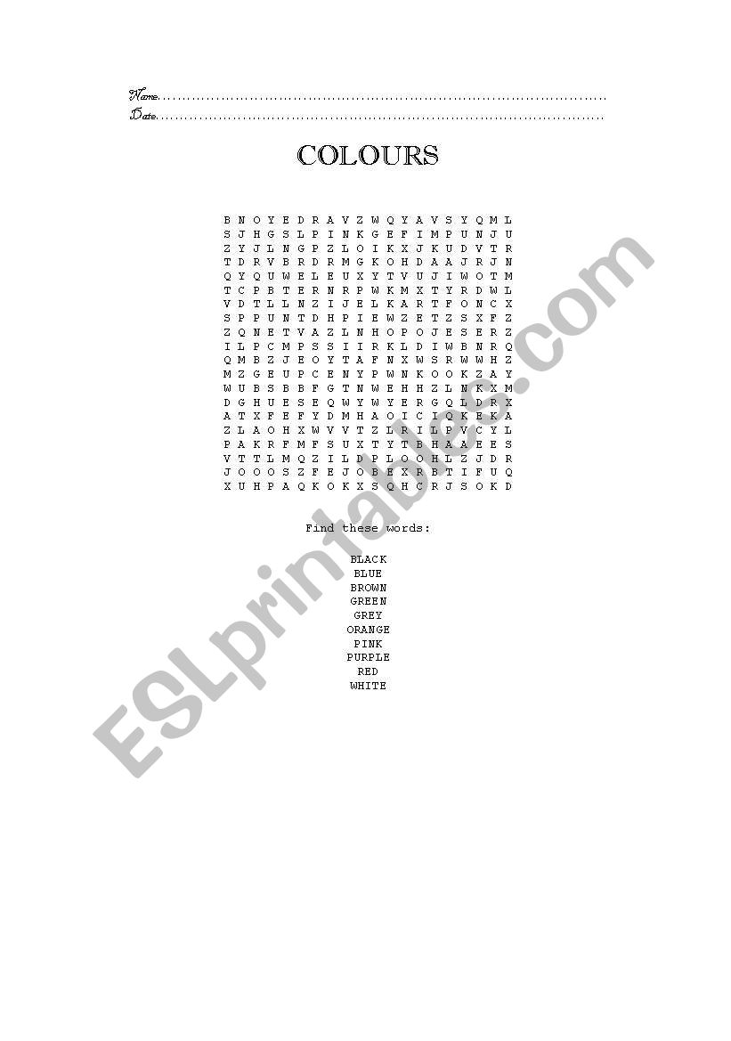 colours word search worksheet