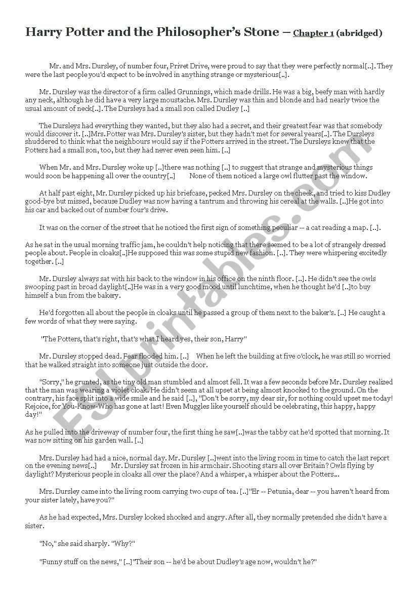 Harry Potter and the Philosophers stone Chapter 1 abridged plus characters worksheet