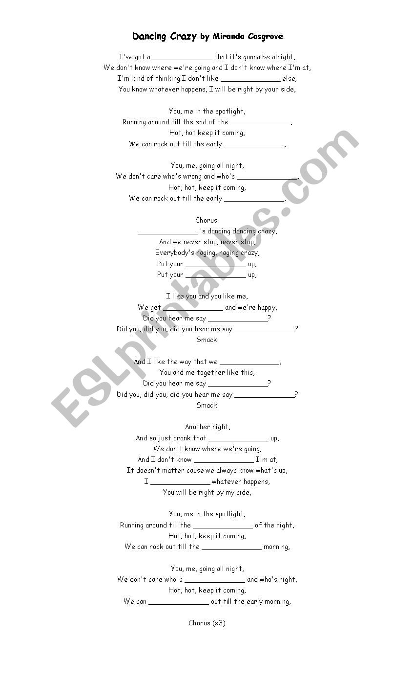 Dancing Crazy song by Miranda Crosgrove Gap Fill