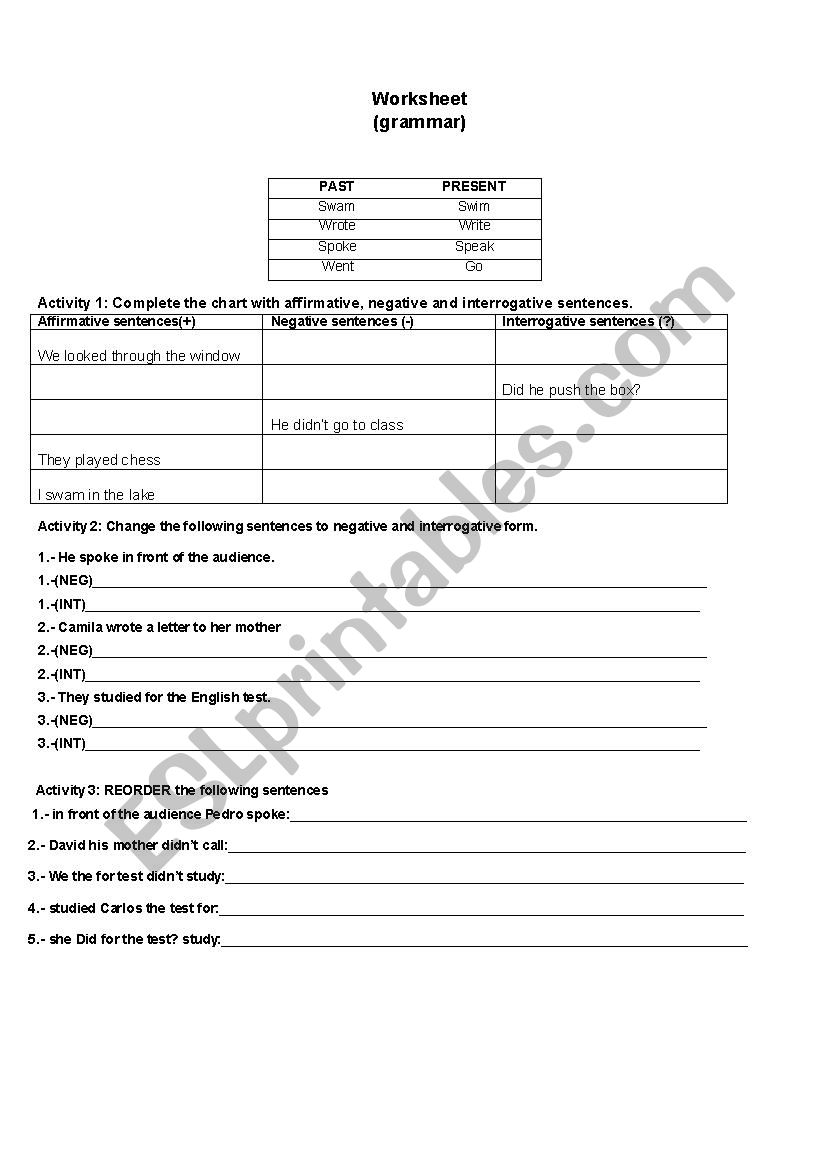 past tense - grammar worksheet