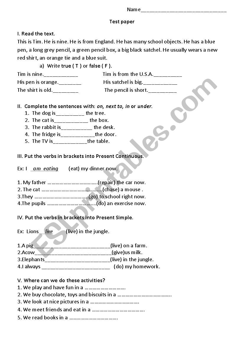Test paper Present Simple/ Continuous, Prepositions, Places