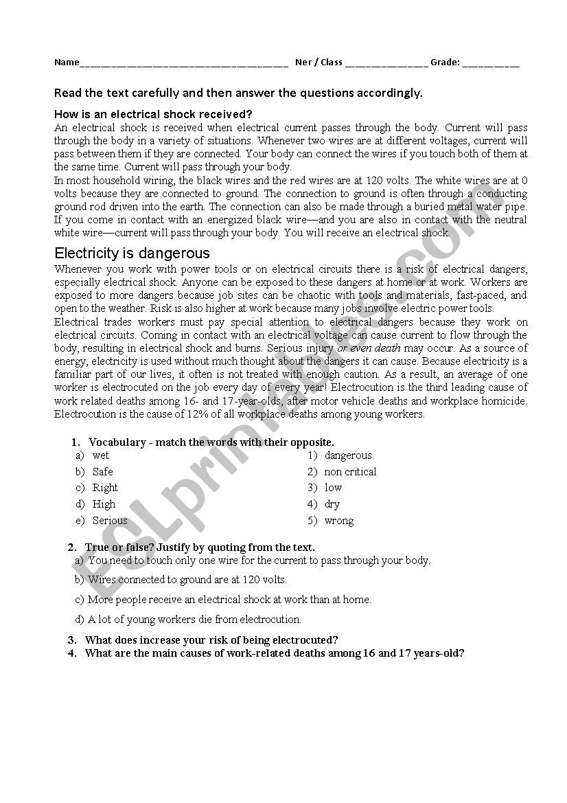 Danger of electricity  worksheet