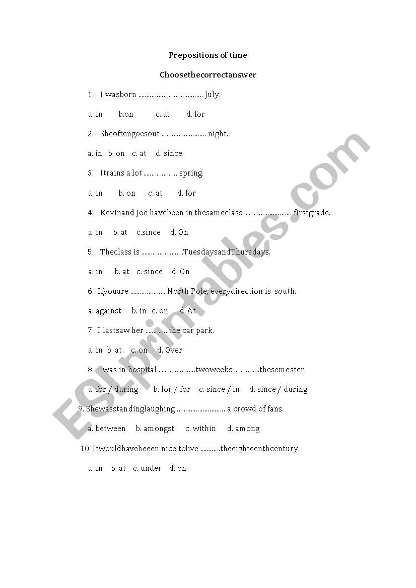 Prepositions of time  worksheet