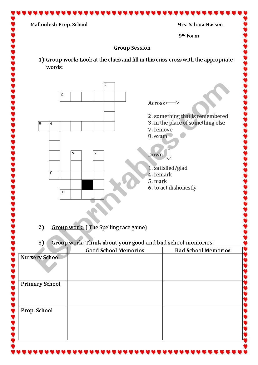 School Memories 9th Form worksheet