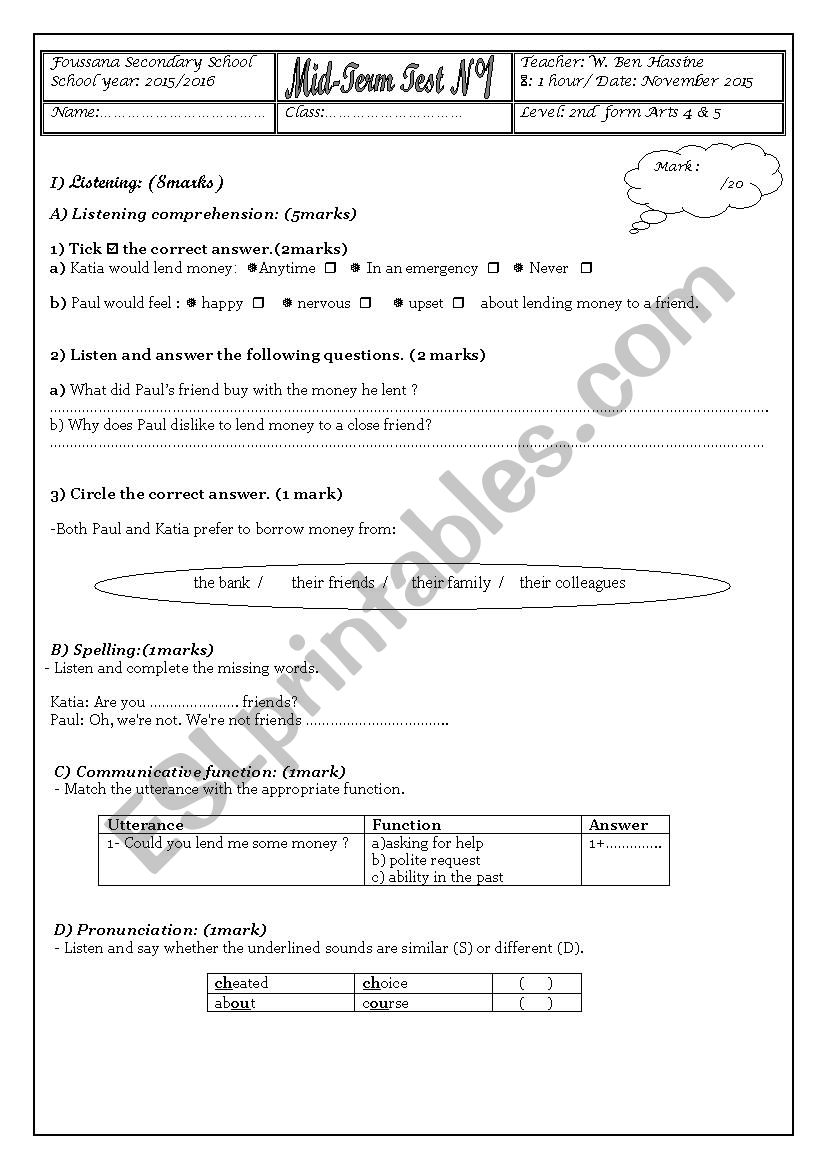 Mid-term Test N1 second form worksheet