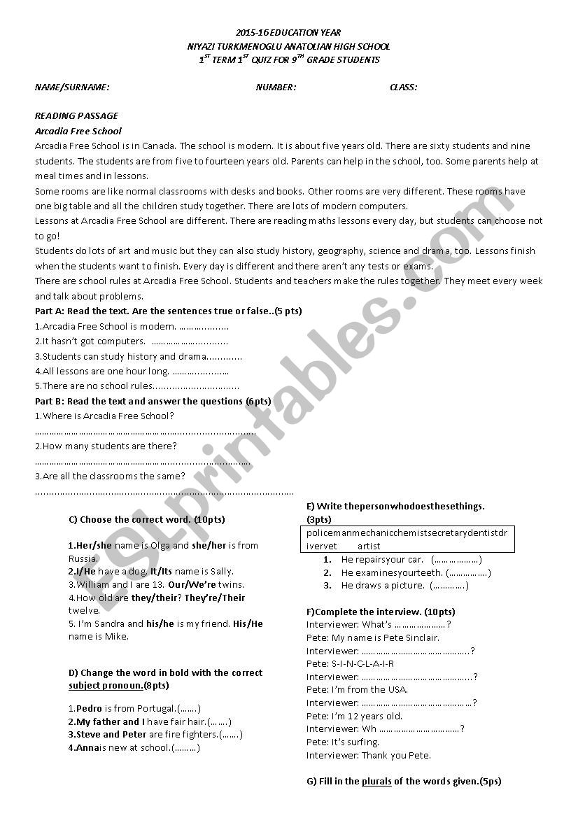 1st quýz for 9th grade stds worksheet