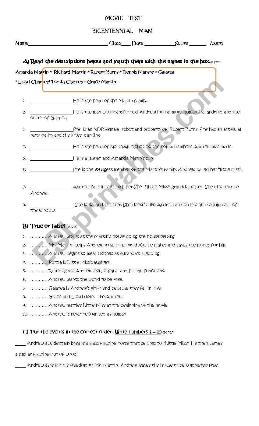 Bicentennial Man Test worksheet