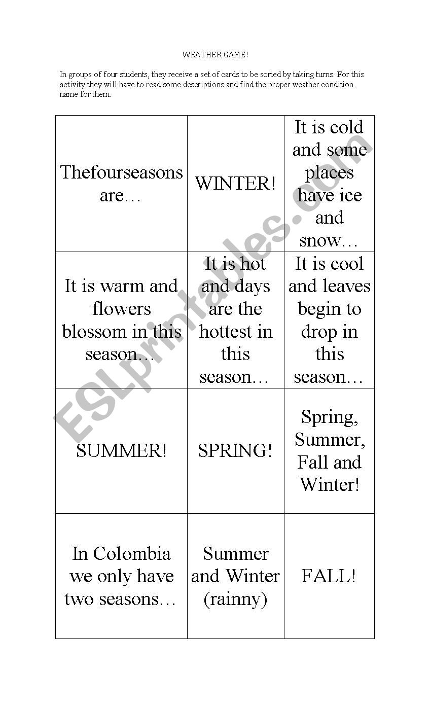 Weather Game worksheet