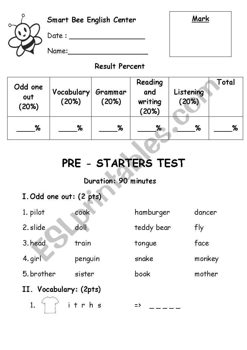 Starter Test worksheet