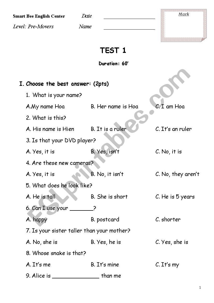 Test Movers worksheet