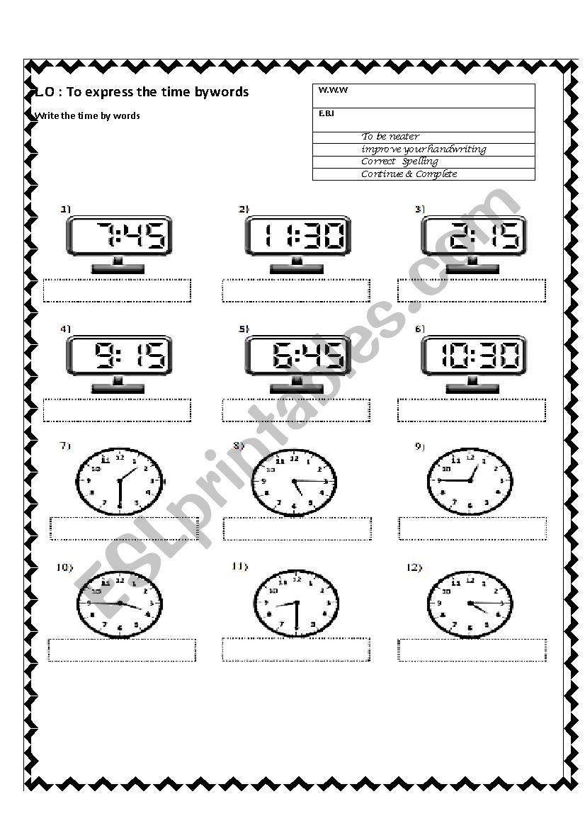   write the time  worksheet