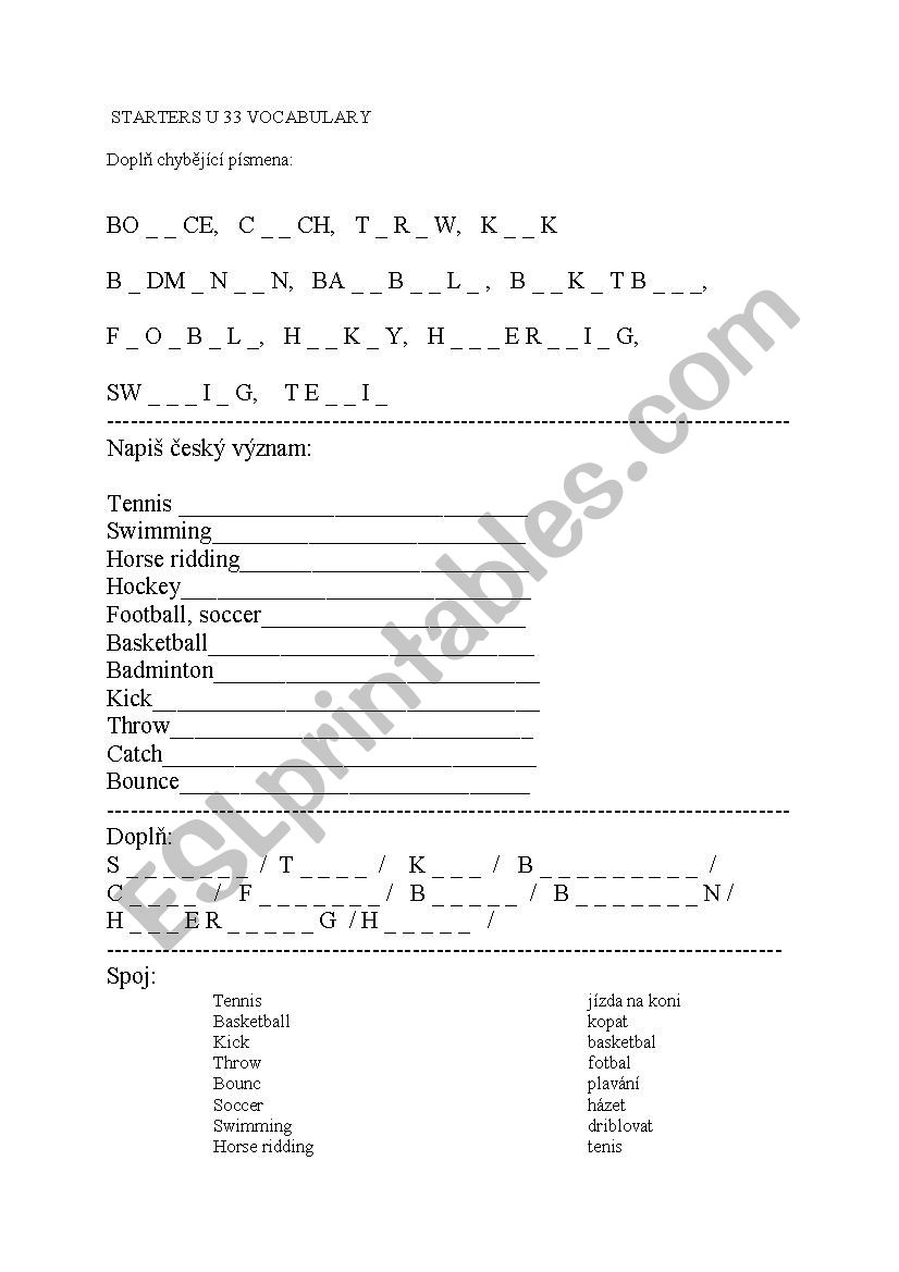 YLE STARTERS vocabulary homework