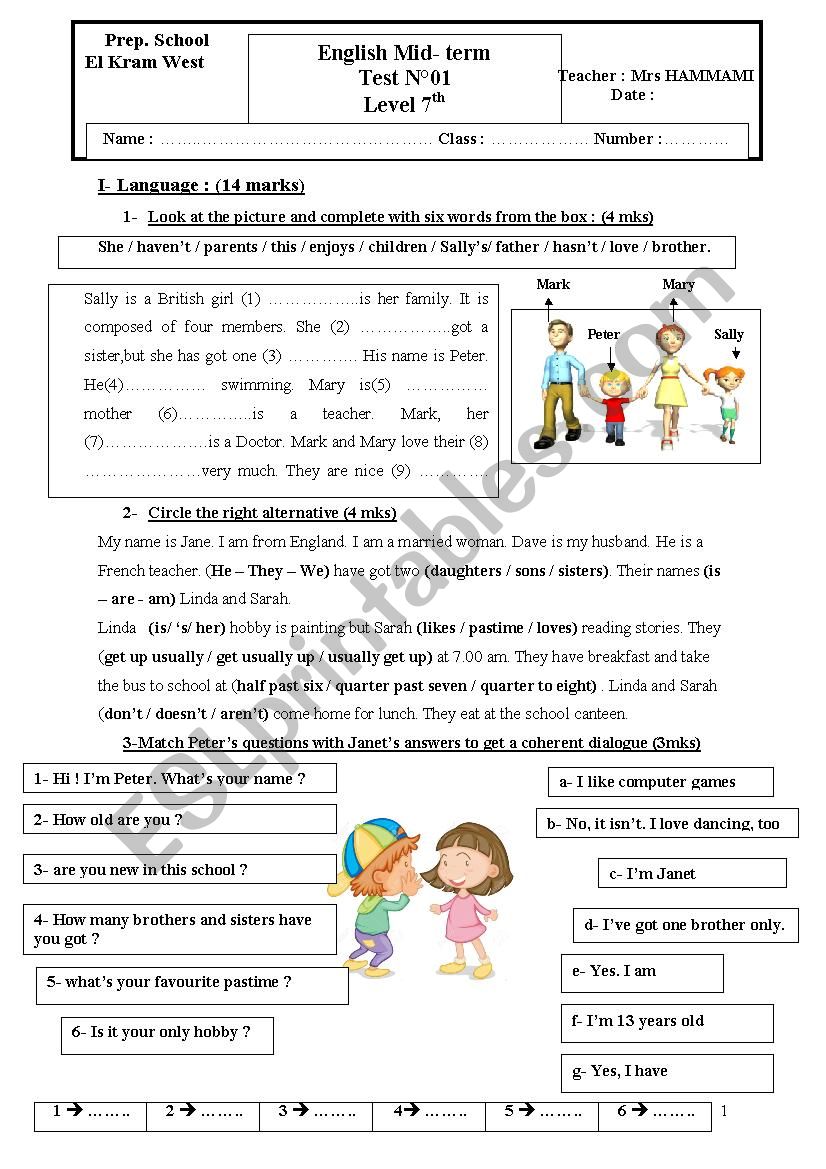 MID-TERM TEST1 7TH FORM TUNISIAN EDUCATION