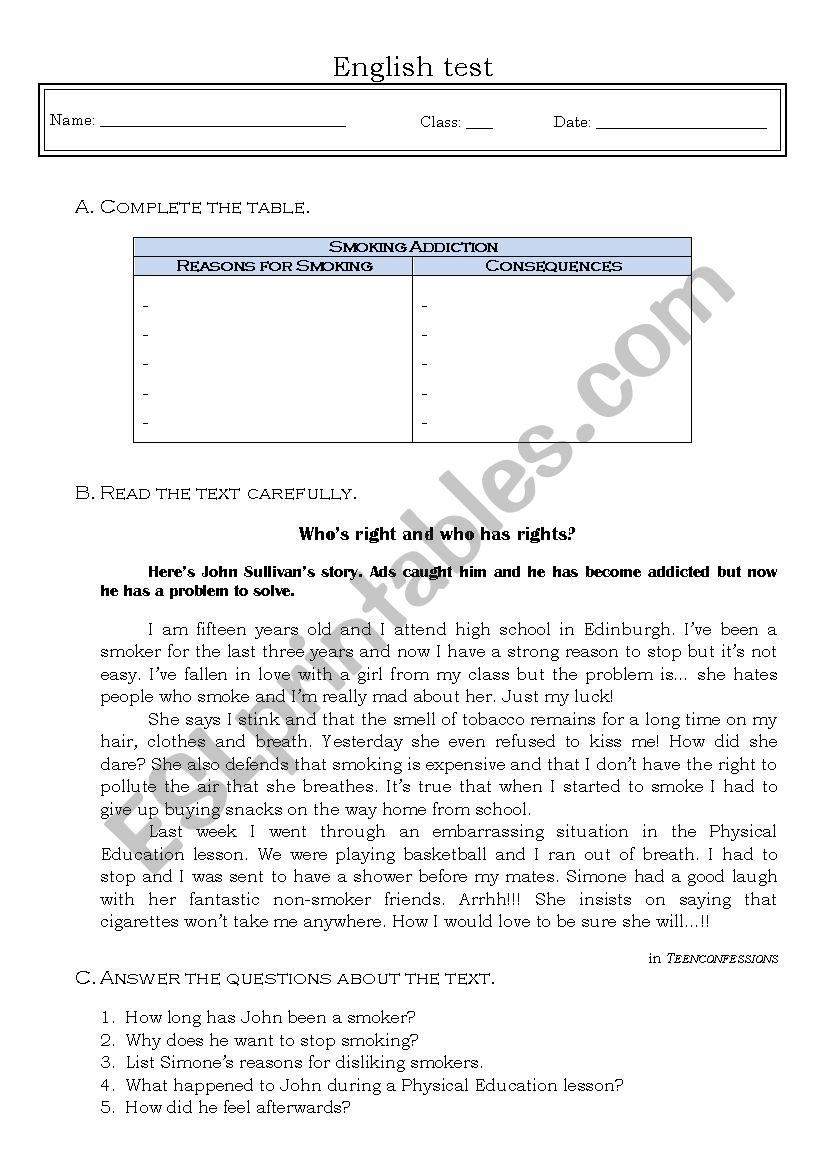 smoking addiction worksheet