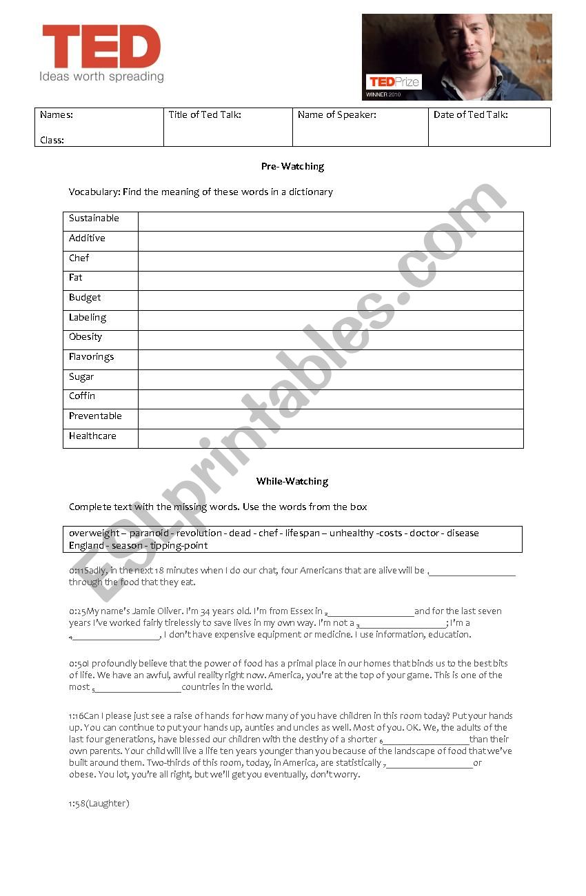 Ted Talk - Jamie Oliver worksheet