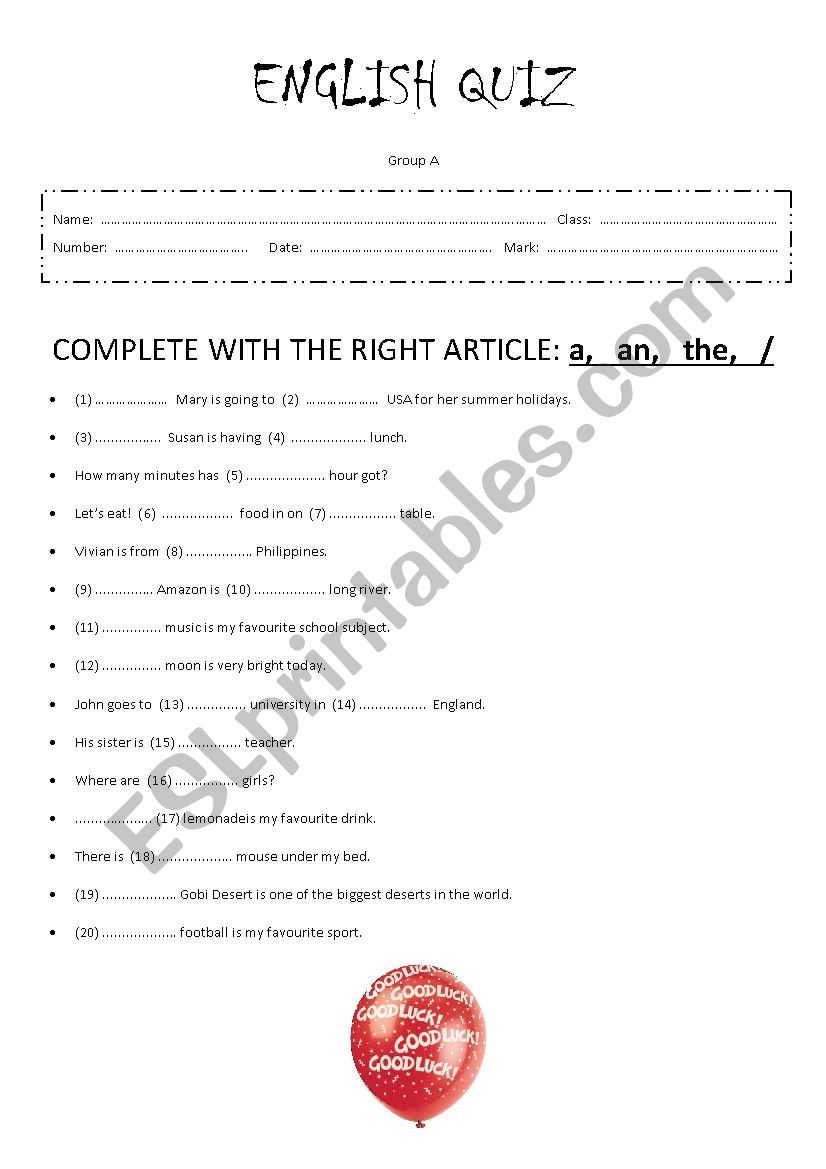 Mini quiz on articles worksheet