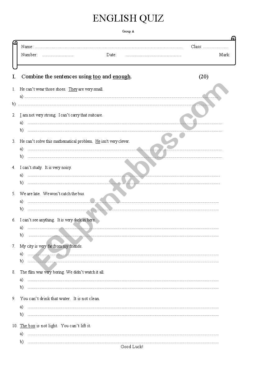 Mini quiz on too - enough worksheet