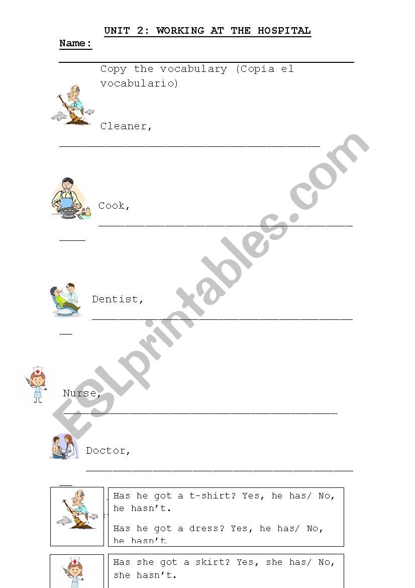 Jobs at the hospital worksheet