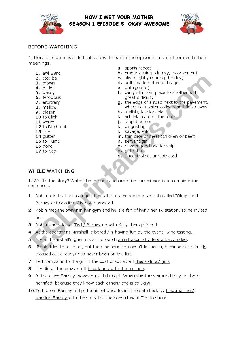 how i met your mother s01e05 worksheet