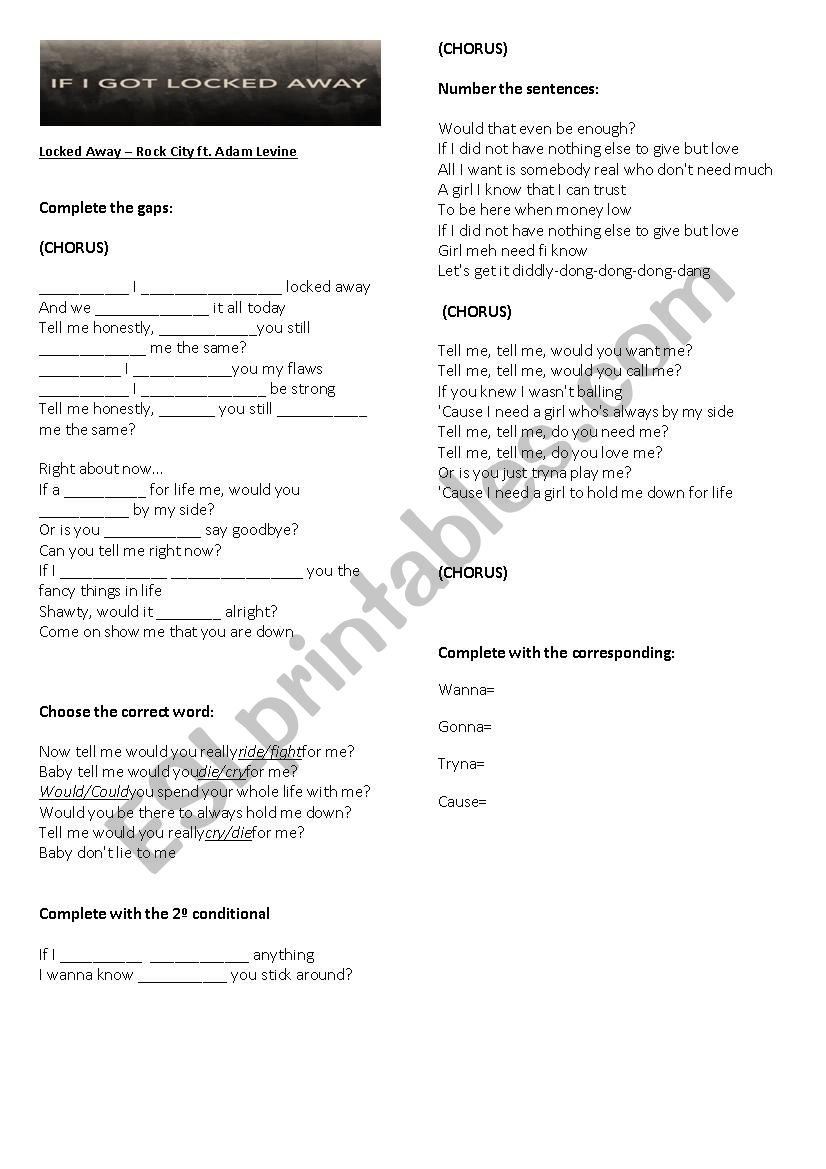 Locked Away Song Activity worksheet