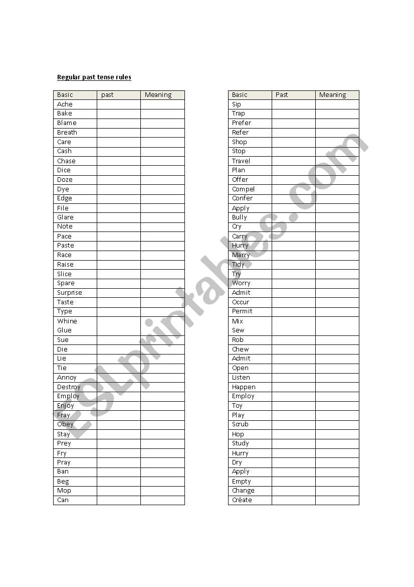 Verb Regular practice rules worksheet