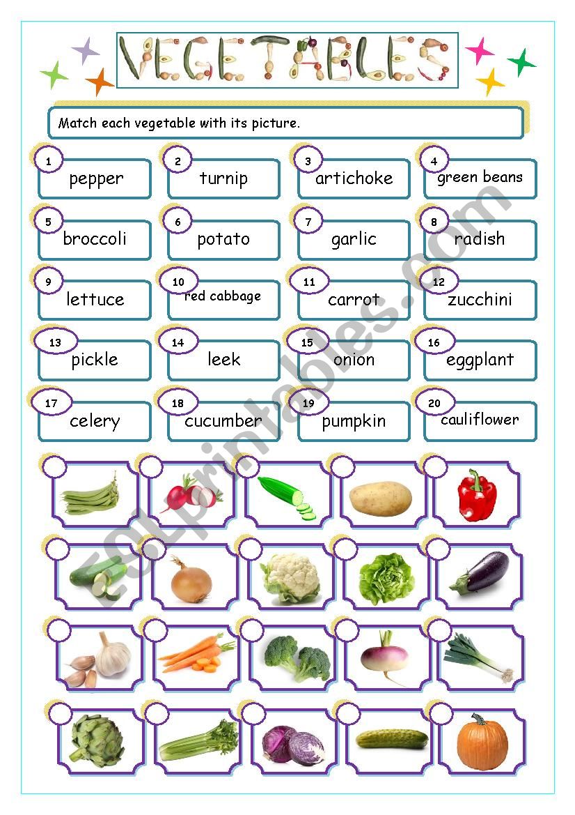 vegetables match worksheet