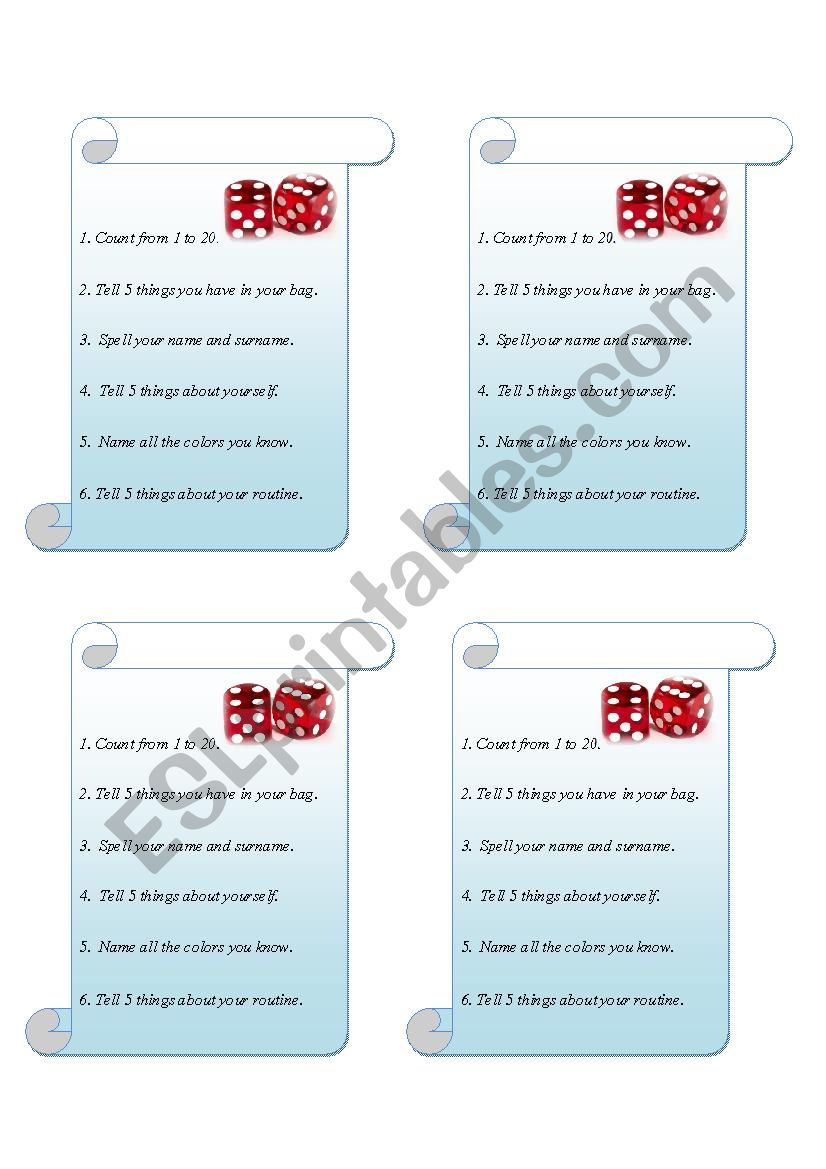 Roll the dice and answer worksheet