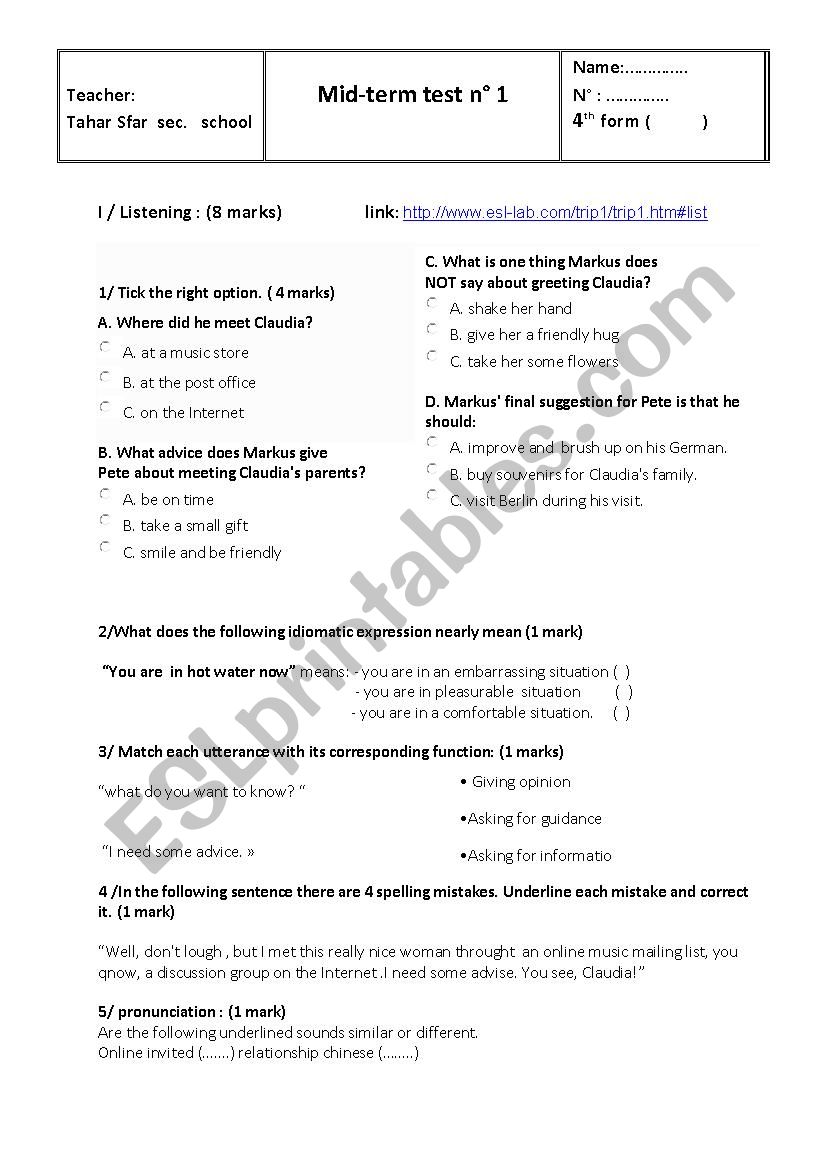  bac mid-term test 1 worksheet