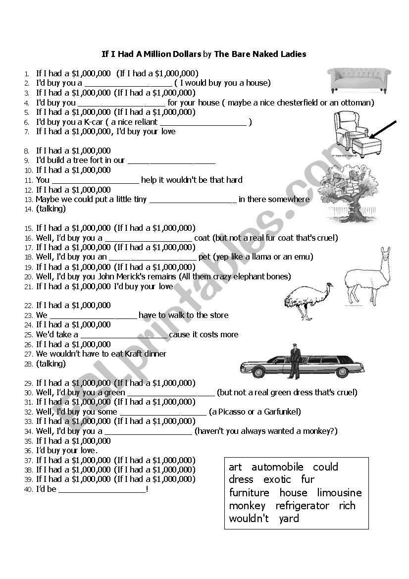 If I had a million dollars, Bare Naked Ladies - listening - cloze activity 