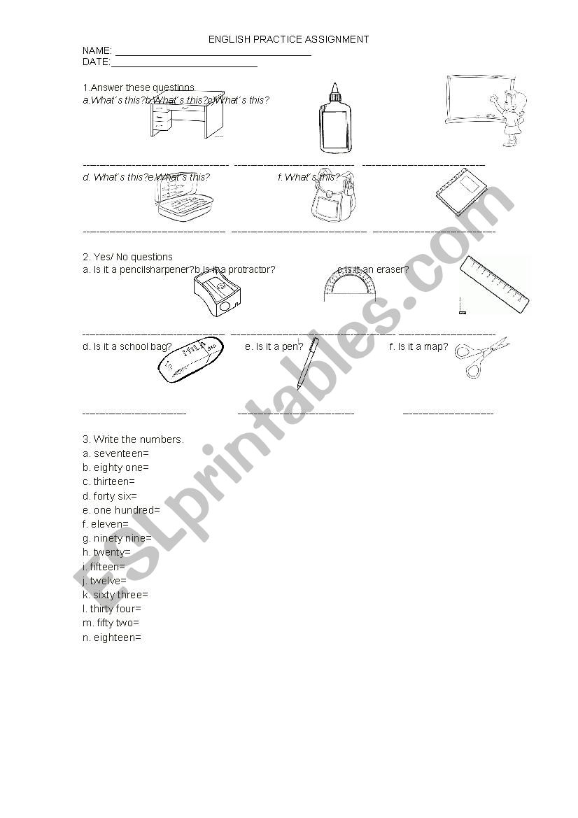 School Objects and Numbers Practice
