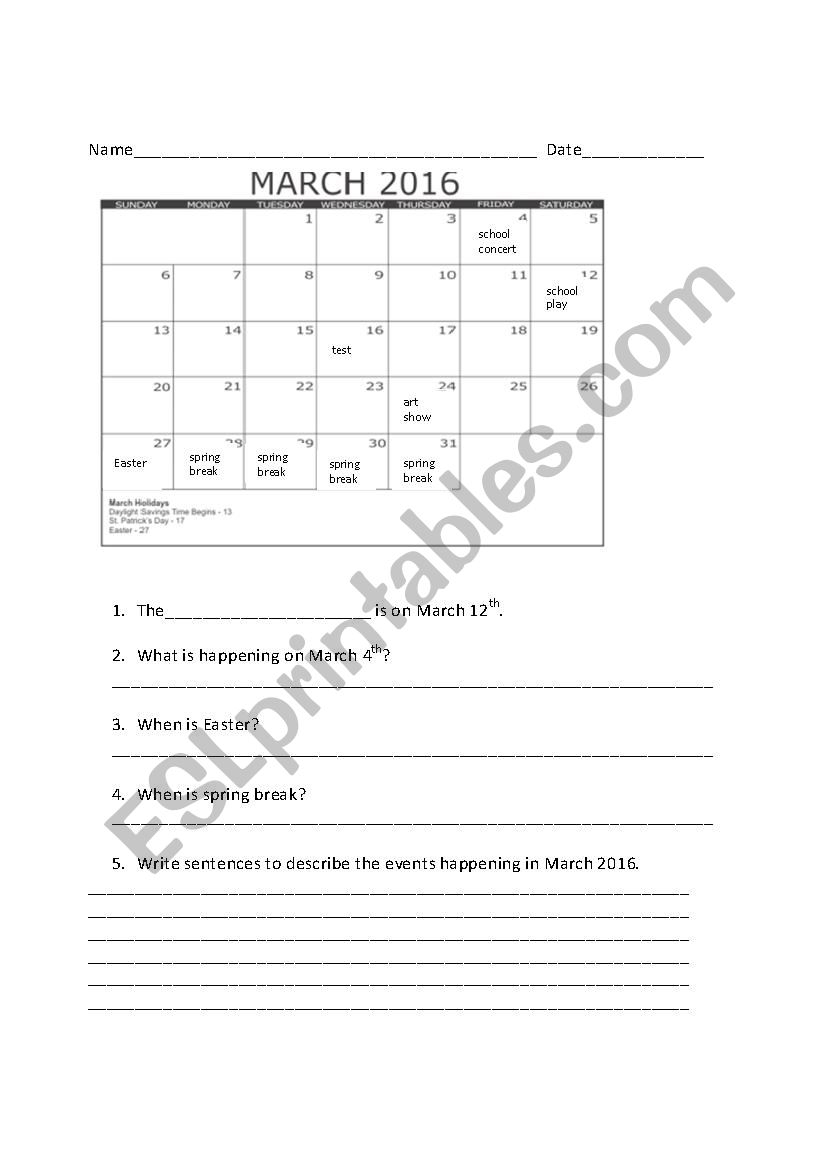 Calendar Worksheet worksheet