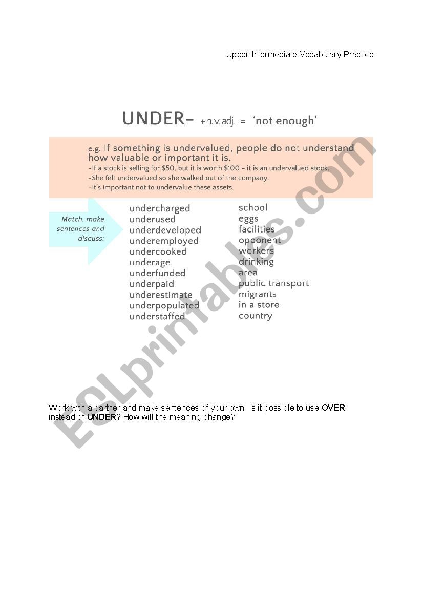 Prefix UNDER- (with key) worksheet