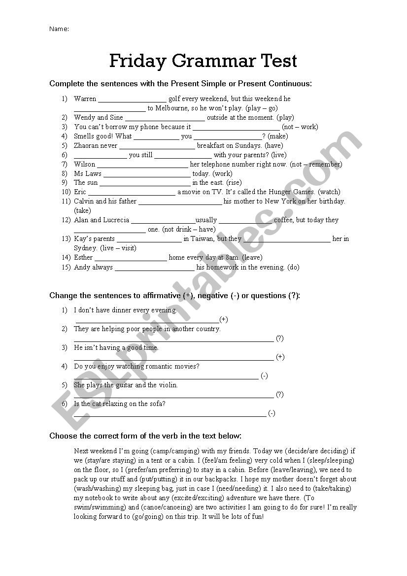 Present Simple and Continuous/-ing form/Exposition essay