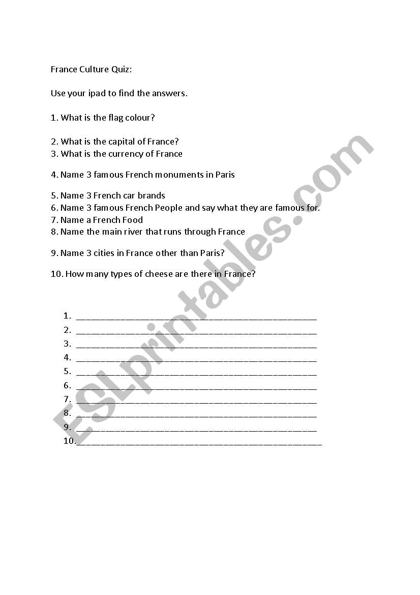 France Culture Quiz worksheet