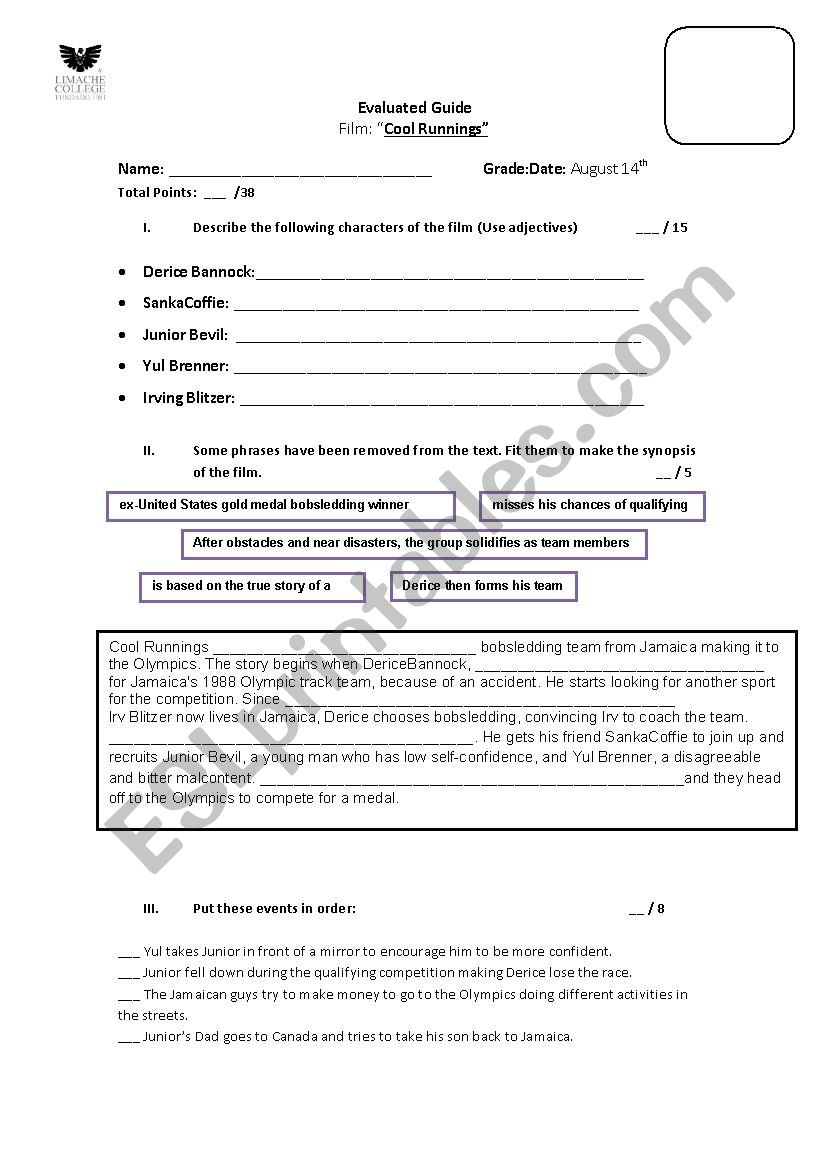 Cool Runnings Film Worksheet worksheet