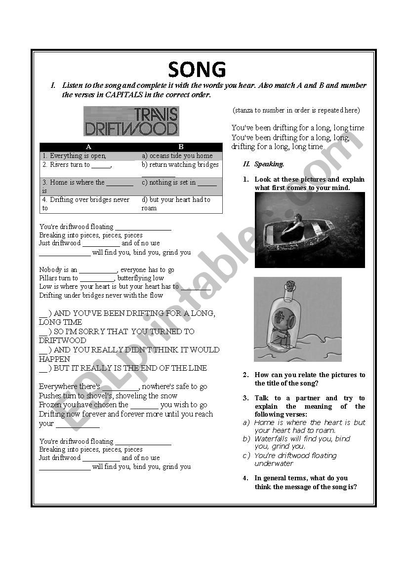 Drifwood by Travis worksheet