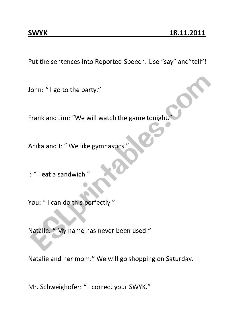 reported speech worksheet