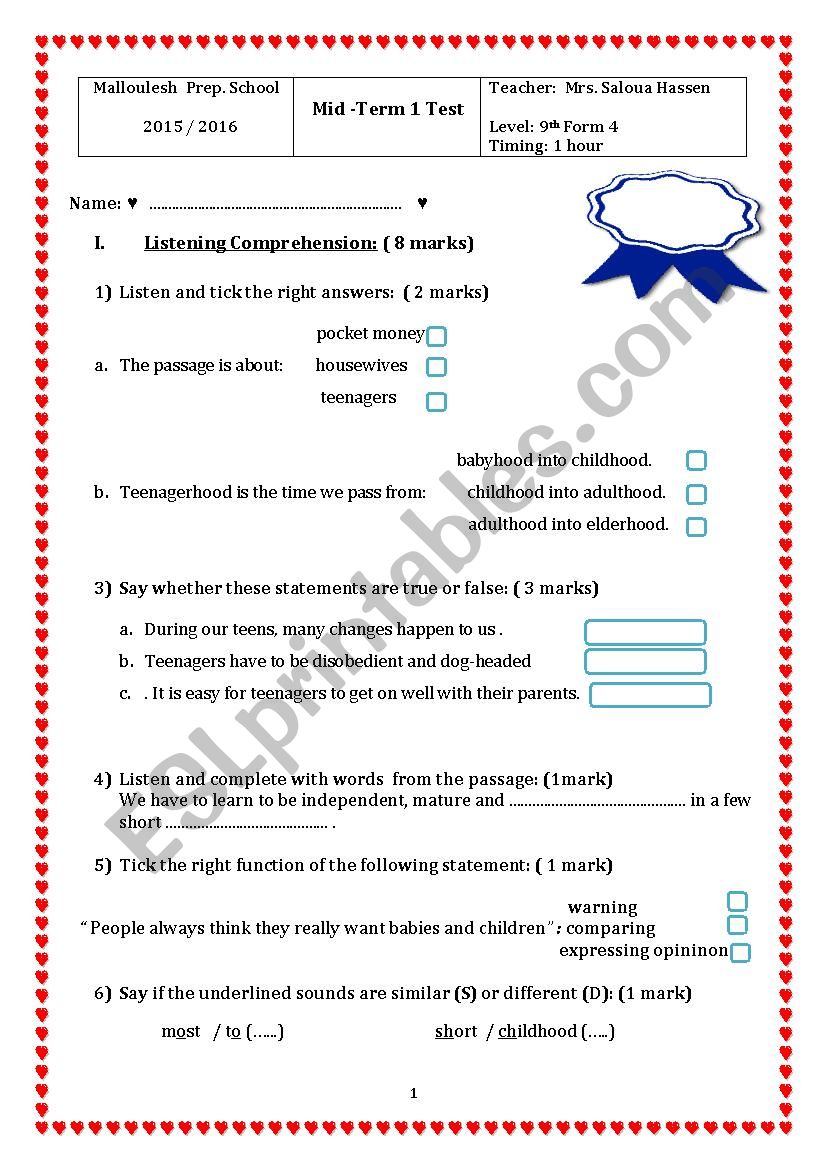 Mid term 1 test 9th Form worksheet