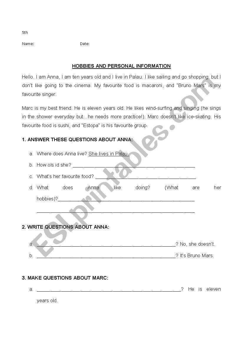 HOBBIES READING AND WRITING worksheet