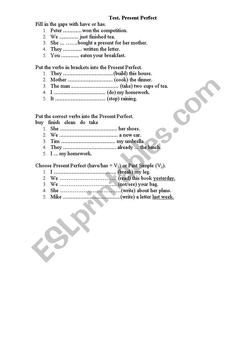 Test Present Perfect worksheet