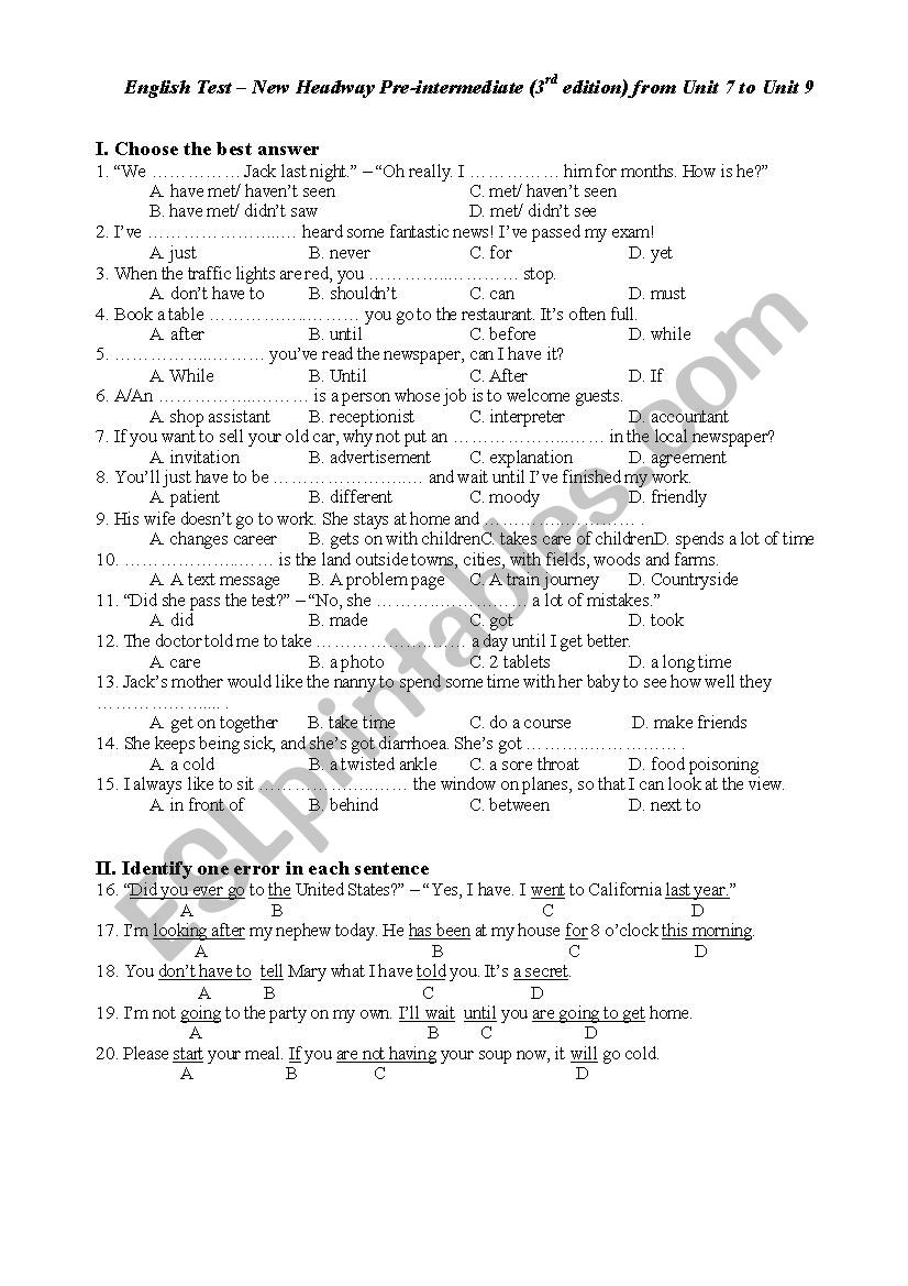 New Headway Test worksheet