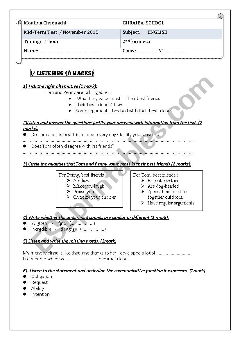 2nd form eco mid term test worksheet