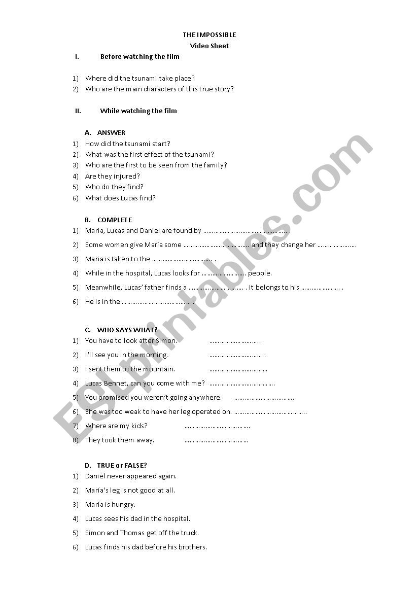  The Impossible (film) worksheet