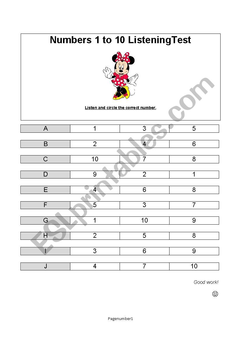 Numbers 1 to 10 Listening test