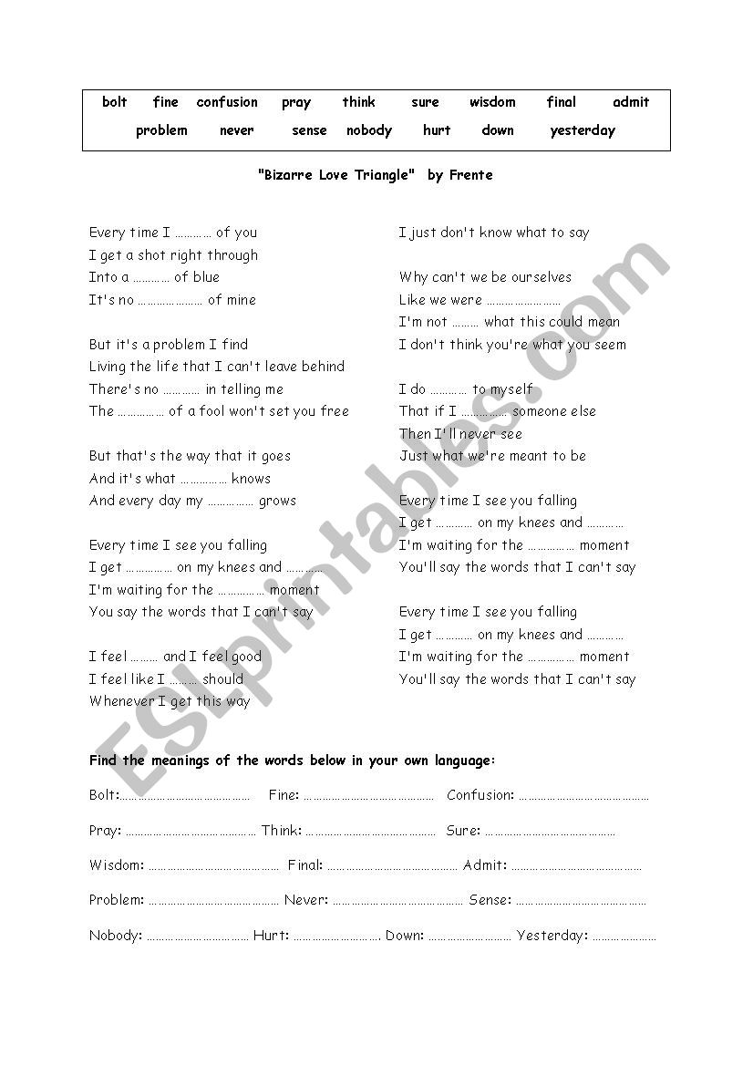 Bizarre Love Triangle Song Lyrics by Frente-Listening Activity